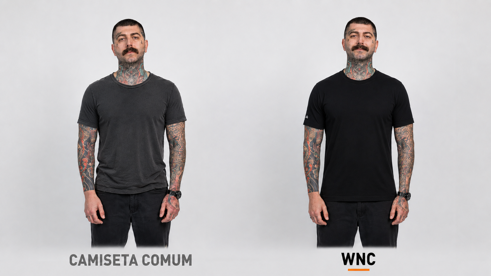 Comparação lado a lado: camiseta comum sem estrutura à esquerda, camiseta básica WNC com caimento premium à direita
