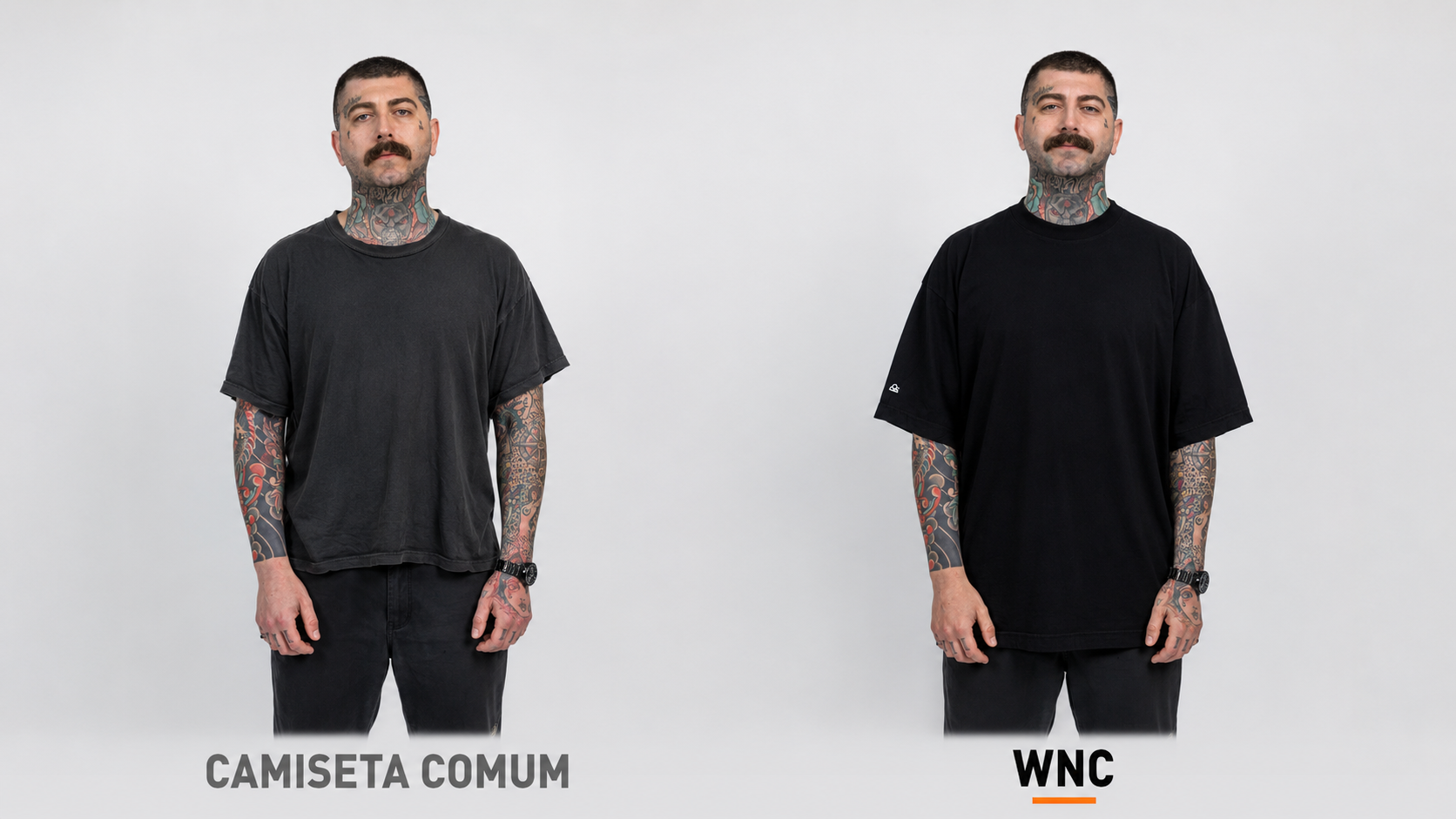 Comparação lado a lado: camiseta comum desbotada e sem estrutura à esquerda, camiseta oversized WNC preta com gola firme e caimento estruturado à direita